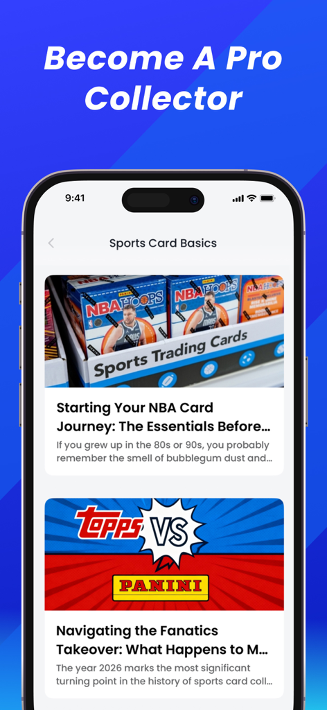 Cardly: AI Sports Card Scanner - Cardly app interface showing sports card basics and educational articles for collectors