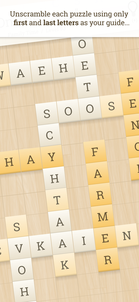 Alpha Omega - Gameplay-Screenshot von Alpha Omega mit einem Kreuzworträtsel im minimalistischen Buchstabenkachel-Stil auf einem Holztextur-Hintergrund.