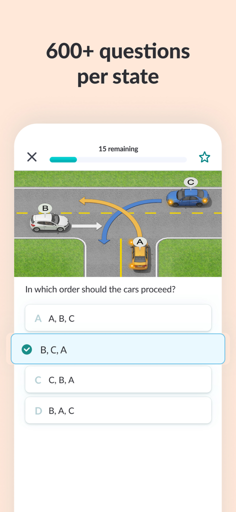 Zutobi: Permit & Driving Prep - Una pregunta visual de práctica de examen de permiso del DMV en la aplicación Zutobi sobre el derecho de paso de los automóviles en una intersección.