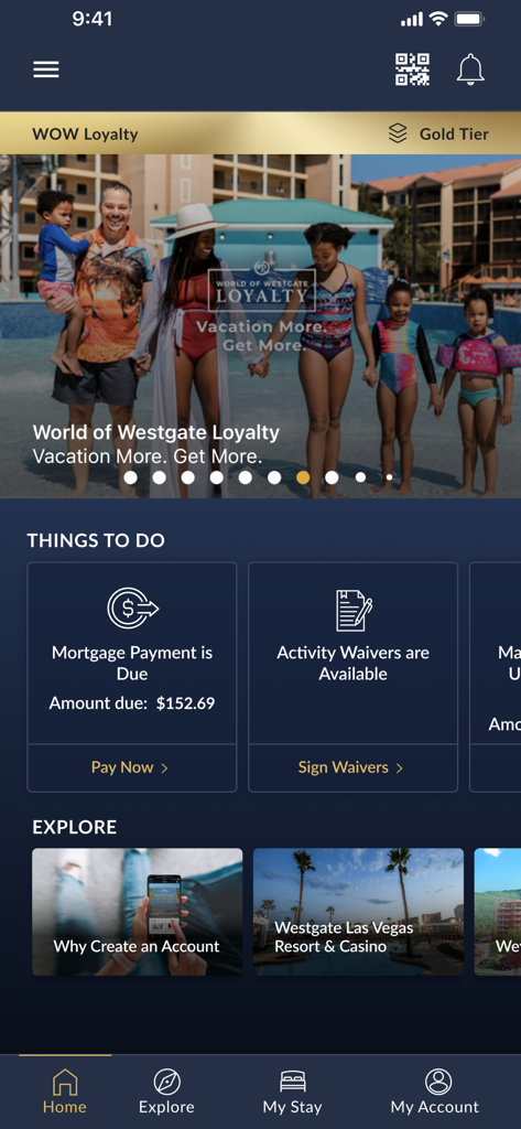 Schermata principale dell'app Westgate Resorts che mostra lo stato della fedeltà WOW e le opzioni di pagamento del mutuo per i proprietari