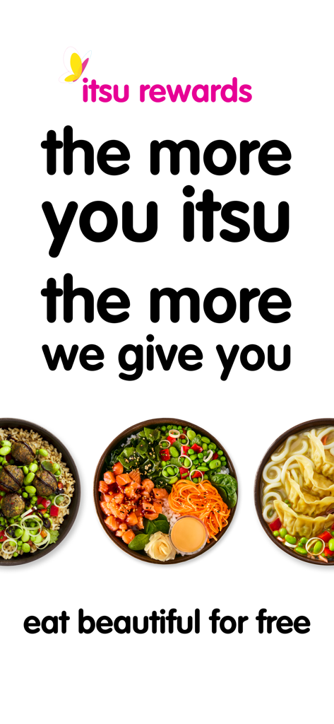 itsu rewards - itsu rewards app welcome screen with healthy Asian inspired food bowls and promotional slogan