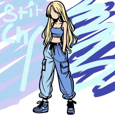 girl in baggy pants crop top and long hair