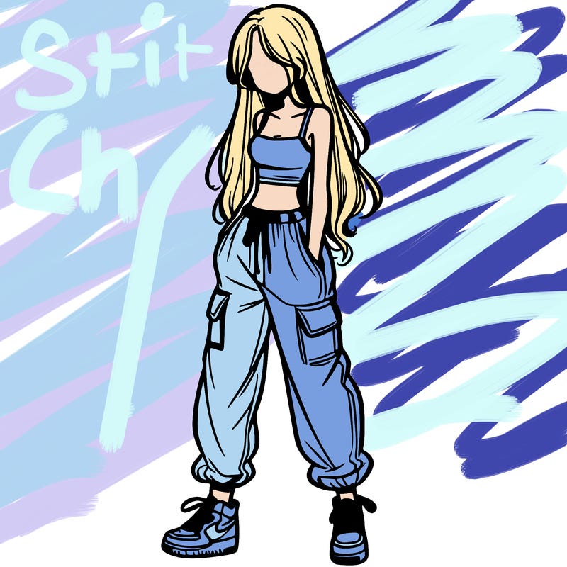 girl in baggy pants crop top and long hair