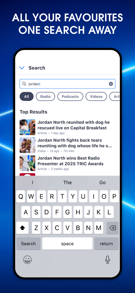 A search interface within the Global Player app displaying results for Jordan North across radio, podcasts, and videos.