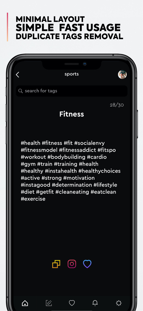 Hashtag Generator - Tage App - Tage app interface showing a list of fitness hashtags for Instagram with a dark mode minimal layout