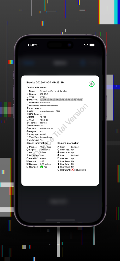 Información detallada del sistema y especificaciones de hardware en la aplicación Device Monitor iDevice.