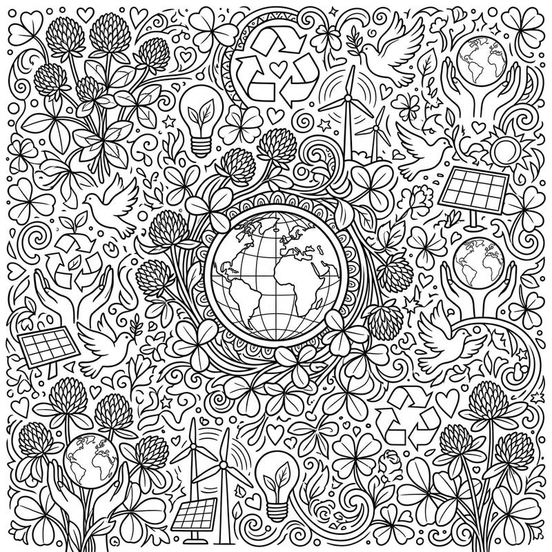 Dive into a world where nature meets sustainability with this enchanting wild clover and Earth Day coloring page. Featuring a delightful blend of botanical beauty and important eco-friendly symbols, it's perfect for celebrating our planet.