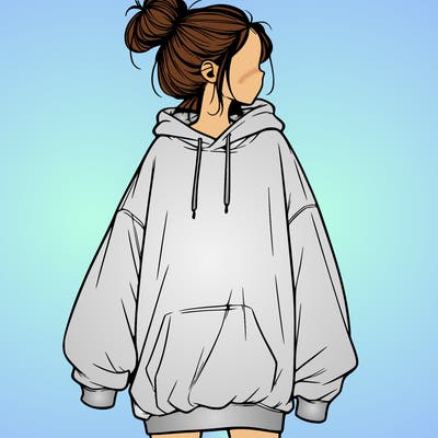 realistic girl with a oversized sweatshirt on and a bun