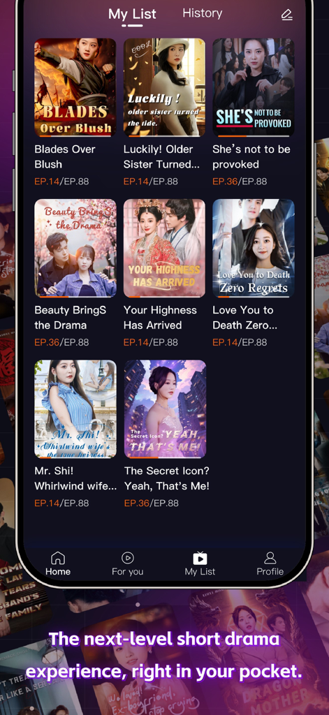 SixthShort app interface showing a personalized collection of short drama series in the My List section.