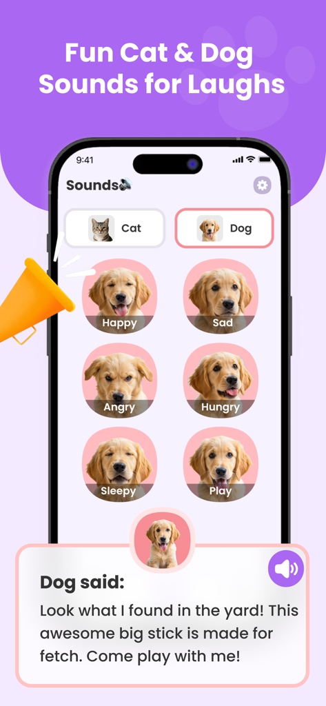 Pet Talk Translator app interface displaying various dog sound buttons for emotions like happy and hungry with a fun simulated translation