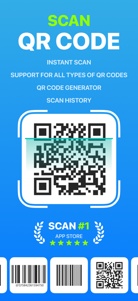 QR Code Scanner & Generator ++ - Main screen of QR Code Scanner and Generator app showing scanning and generation features