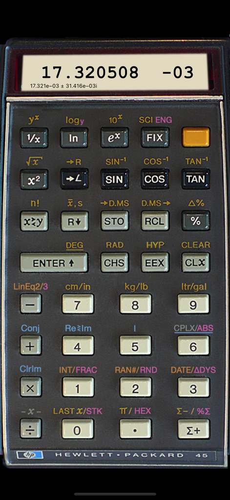 RPN-45 SD - Simulación esquelética de una calculadora científica vintage HP 45 con pantalla LED y teclas de función RPN