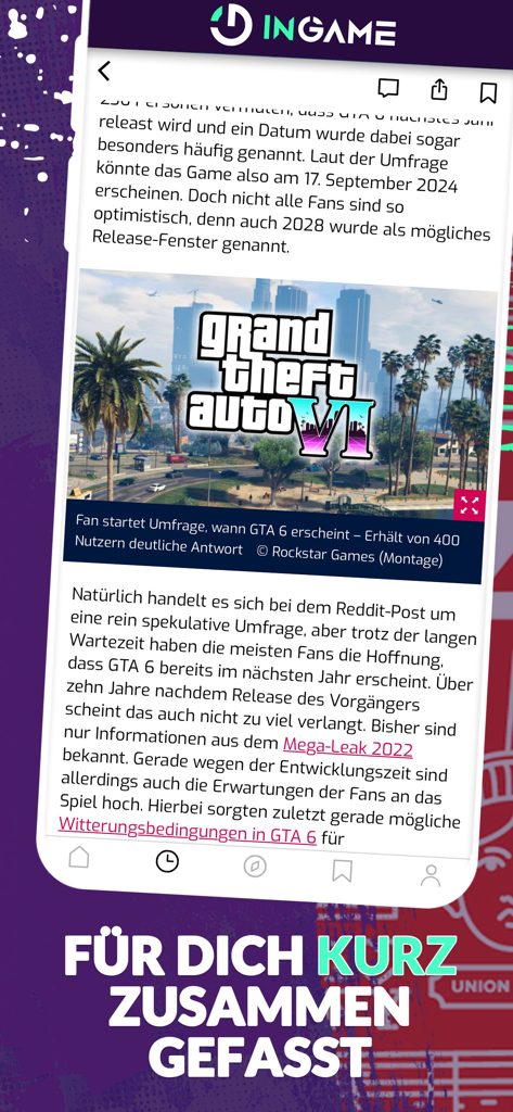 Ingame mobile app screen showing a summarized article about GTA 6 news