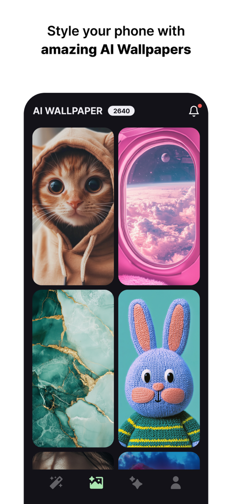 MeeAww - AI Photo Editor - MeeAww app interface showing a variety of AI generated wallpapers including a kitten in a hoodie and a knitted bunny