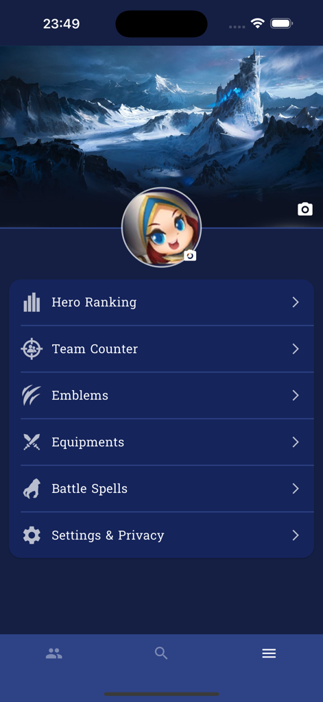 Nova Counter - Menú principal de la aplicación Nova Counter mostrando opciones de navegación para clasificaciones de héroes, counters de equipo y emblemas