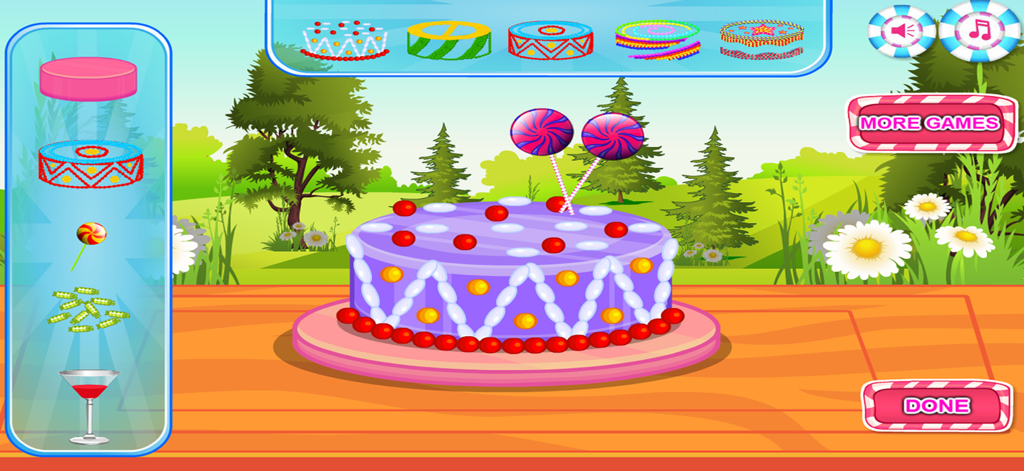 Cakes Maker : Cooking Desserts - A colorful purple cake being decorated with lollipops and candies in a kids cooking simulation game