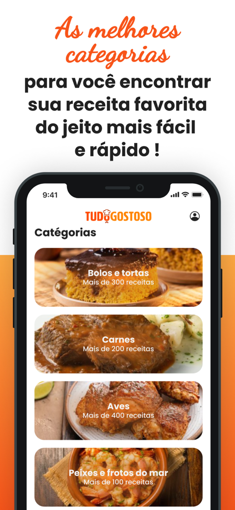 TudoGostoso app interface displaying recipe categories for cakes meats and poultry