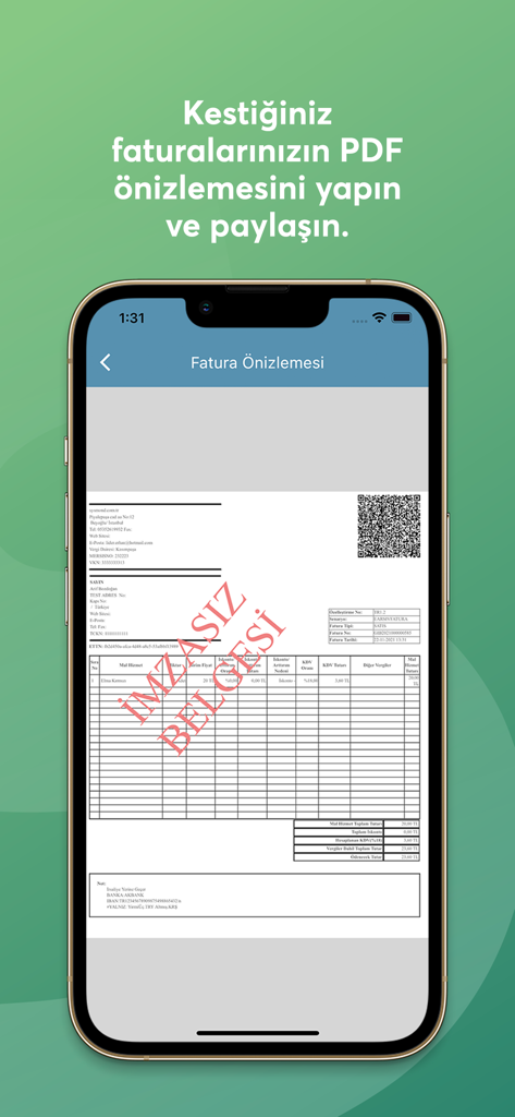 Smartphone screen showing a PDF preview of a Turkish electronic invoice within the e-Arşiv Fatura app