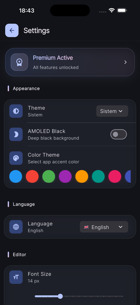 Settings screen of the JSON Tools app showing appearance options language selection and editor font size customization