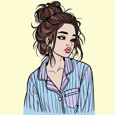 realistic woman with pajamas on and a messy bun