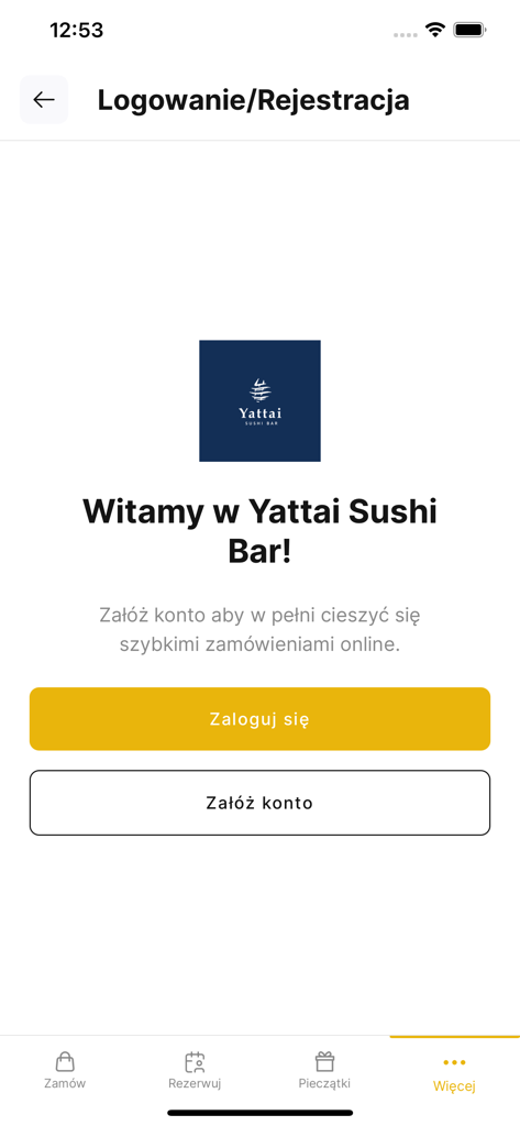 Yattai Sushi Bar - Login and registration screen of the Yattai Sushi Bar mobile application