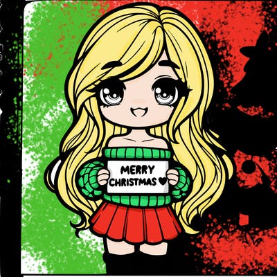 a girl in a dress and a of the shoulder sweater and the girl is holding a sight that says merry christmas! ❤️ and there’s a christmas tree is in the back round and the girl is smiling and has long hair