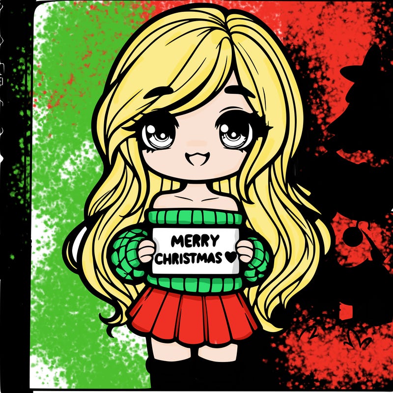 a girl in a dress and a of the shoulder sweater and the girl is holding a sight that says merry christmas! ❤️ and there’s a christmas tree is in the back round and the girl is smiling and has long hair