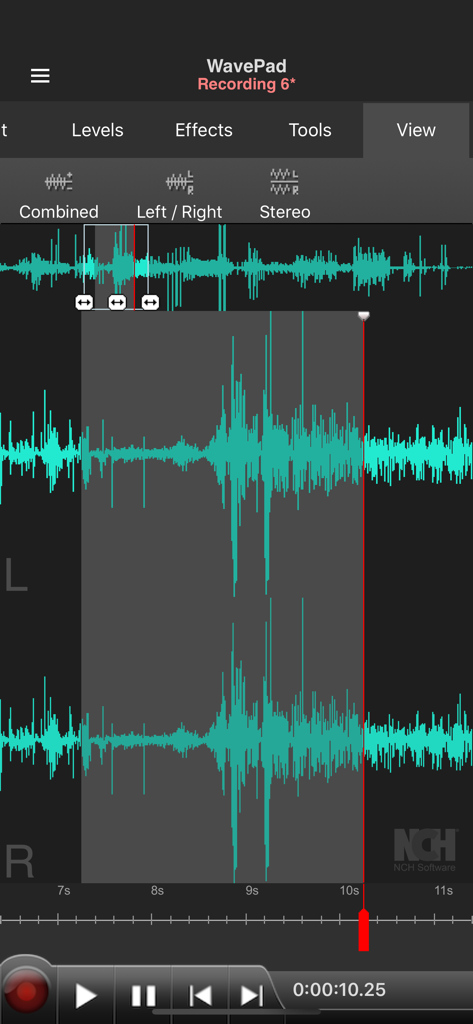 WavePad Music and Audio Editor - WavePad app interface showing stereo audio waveforms and editing controls