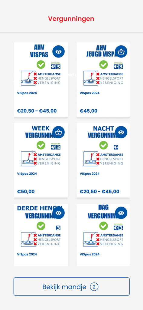 Hengelsportnieuws - Mobile app screen showing various fishing permits and licenses with prices for the Amsterdamse Hengelsport Vereniging
