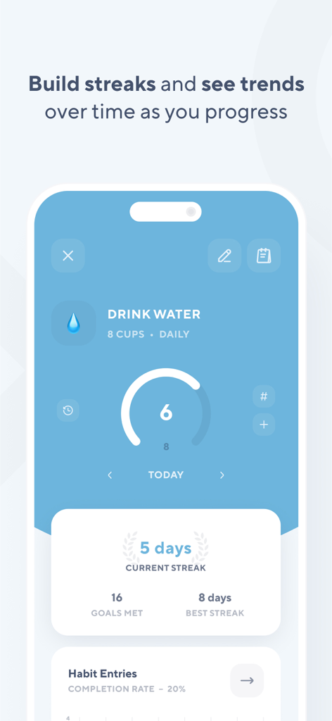 Do Habits: Get It Done - Mobile app interface showing water intake tracking and a five day habit streak progress.