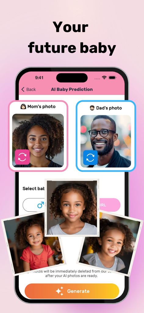 AI Baby Generator Face Maker. - Interface do aplicativo Gerador de Bebê por IA mostrando a previsão de um futuro bebê com base nas fotos dos pais