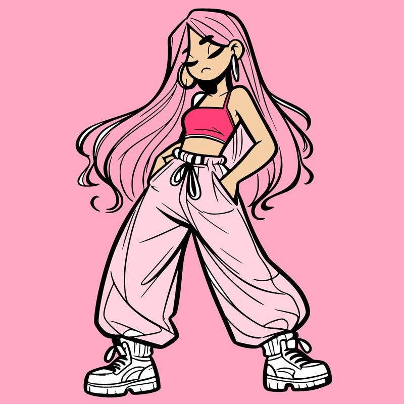 girl in baggy pants crop top and long hair