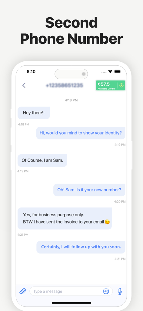 A mobile app interface of the 2nd Line app showing a chat conversation used for business purposes on a secondary phone number.