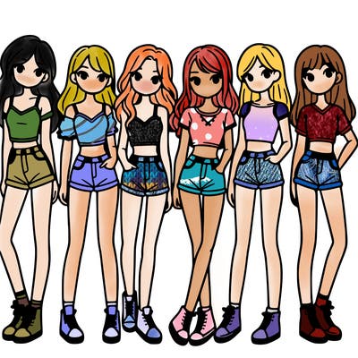 a group of girls wearing crop tops and shorts