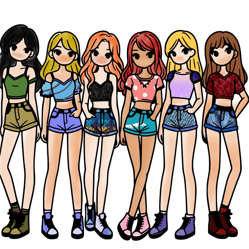 a group of girls wearing crop tops and shorts