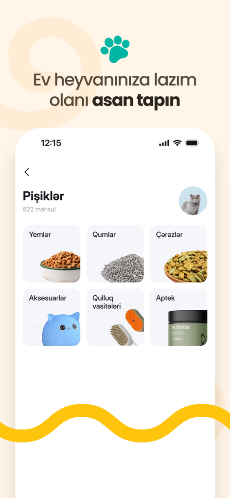 Biopet Shop - Online Zoomağaza - Interface de l'application Biopet Shop montrant les catégories de produits pour chats comme la nourriture, la litière et les friandises