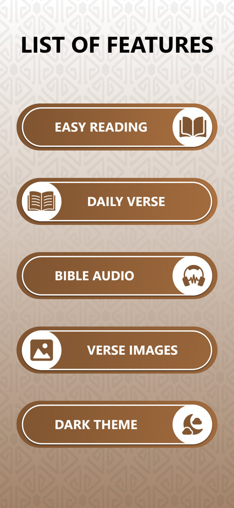List of app features including easy reading daily verse bible audio verse images and dark theme
