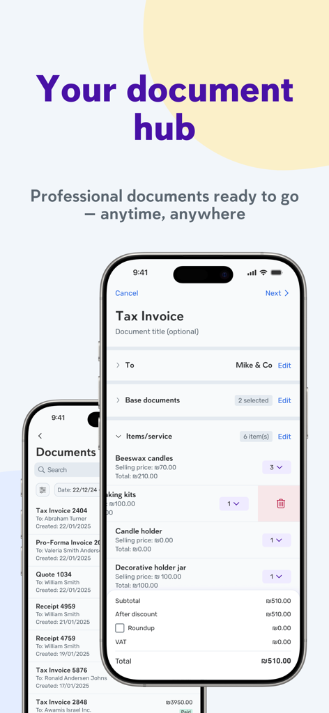 iCount - Business Management - Mobile app interface of iCount showing a tax invoice creation screen and a list of business documents like receipts and quotes