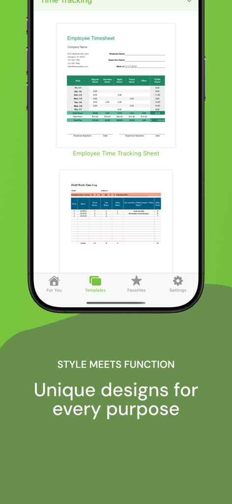 Templates for Numbers Pro - Mobile App-Oberfläche mit professionellen Vorlagen für Mitarbeiterzeiterfassung und Zeiterfassung für Apple Numbers.