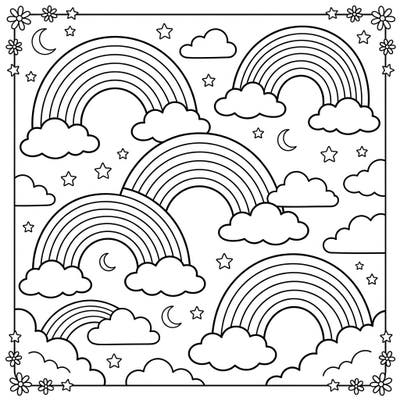 Let your child's imagination soar with this enchanting monochrome rainbows coloring page. Designed especially for kids, it offers a magical scene filled with unique rainbows, clouds, and stars to bring to life.