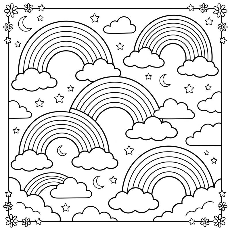 Let your child's imagination soar with this enchanting monochrome rainbows coloring page. Designed especially for kids, it offers a magical scene filled with unique rainbows, clouds, and stars to bring to life.