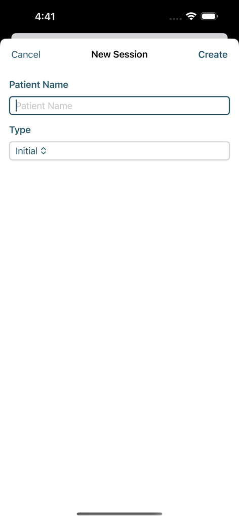 PatientNotes - Interface pour créer une nouvelle session dans l'application PatientNotes, y compris les champs pour le nom du patient et le type de session