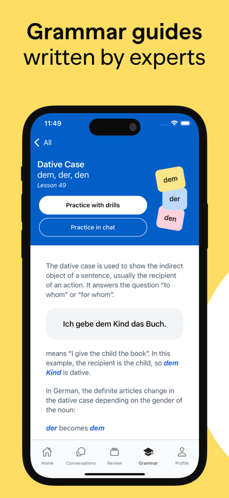 Uben app interface displaying a detailed German grammar lesson on the dative case