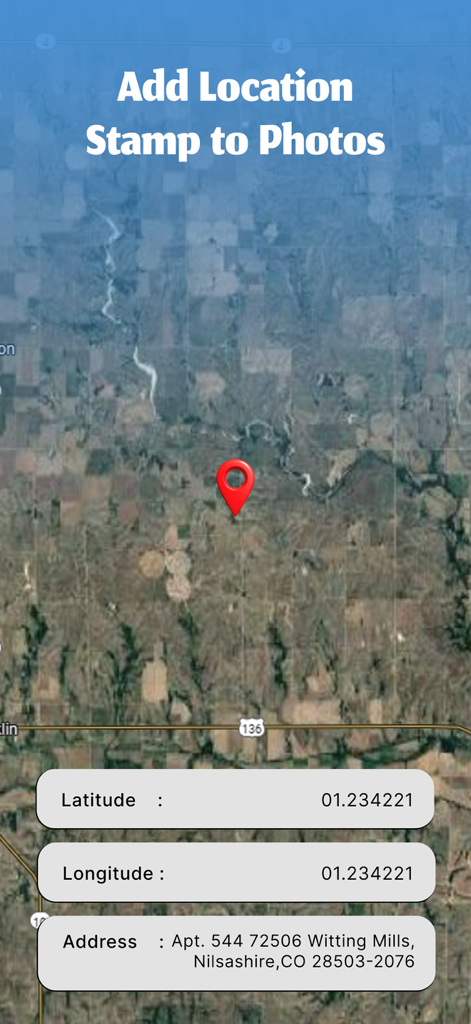 GPS Map Camera - Geo Timestamp - Interface of GPS Map Camera app displaying a map pin with latitude longitude and address details