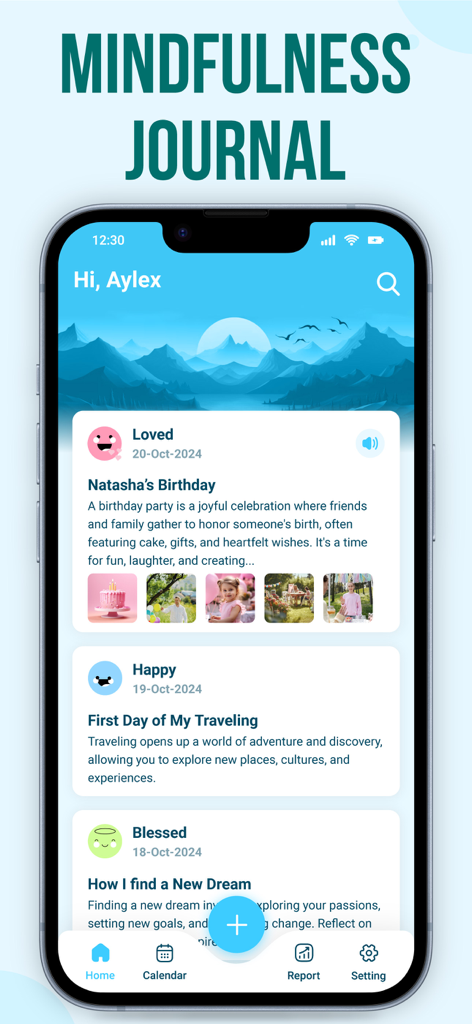 My Diary : Diary With Password - 毎日の気分入力と個人的な写真が表示されたマインドフルネスジャーナル画面