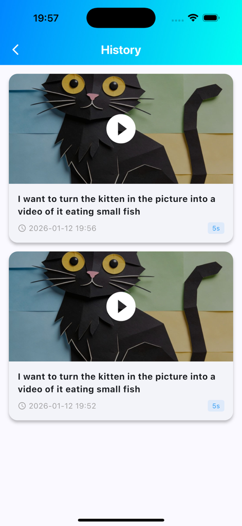 Jingo AI動画クリエーターの履歴画面。生成された動画プロジェクトのリストを表示。