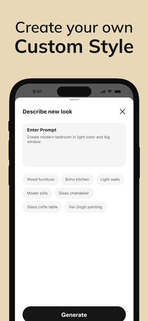 Interfaz de la aplicación Interior AI que muestra un campo de texto y etiquetas de estilo para la generación de diseño de habitaciones personalizado.