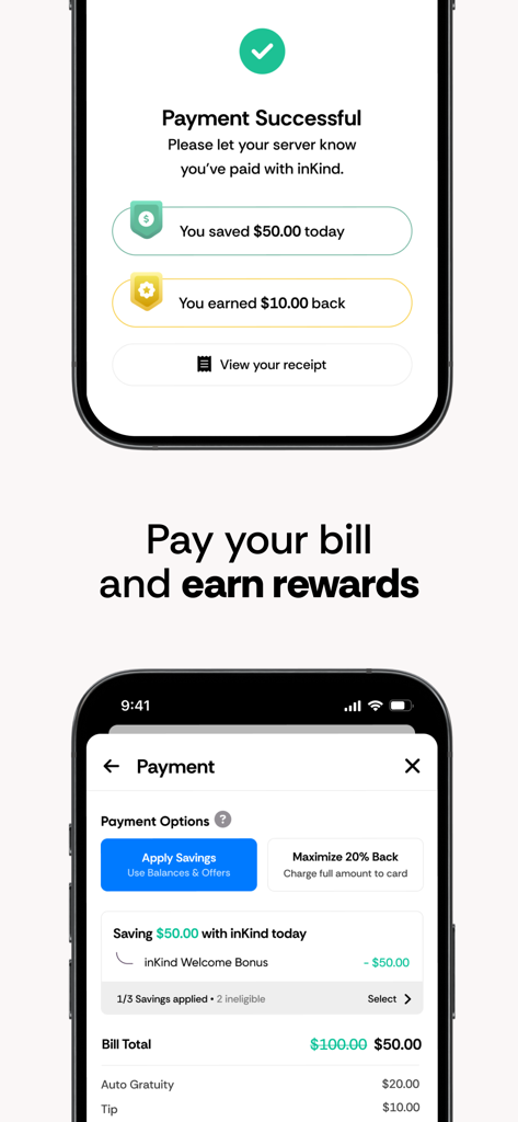 Die inKind-App zeigt den Zahlungserfolg und die in einem Restaurant verdienten Belohnungen an
