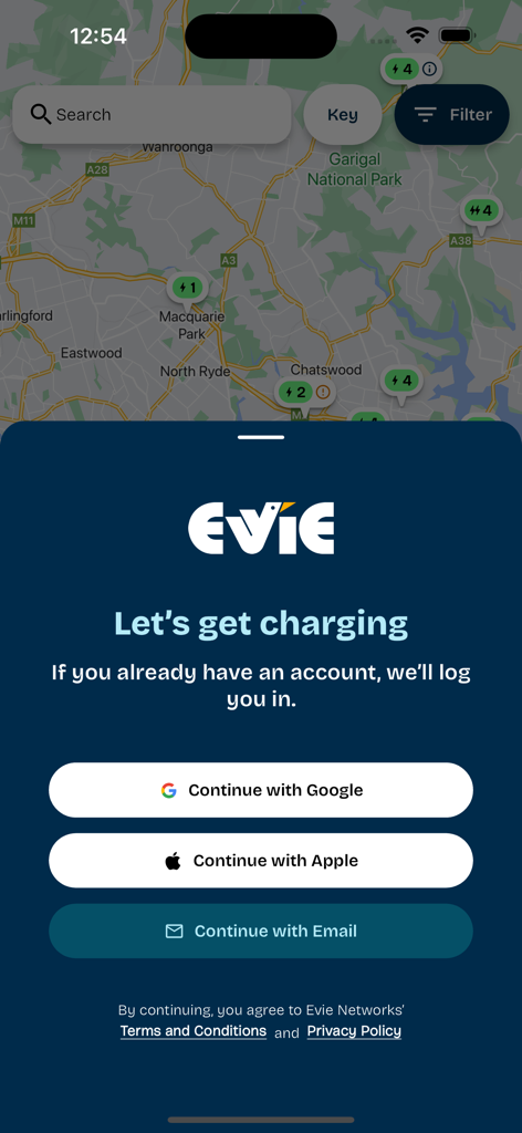 Evie Charging - Login screen for the Evie Charging app featuring an EV station map and sign-in options for Google, Apple, and email.