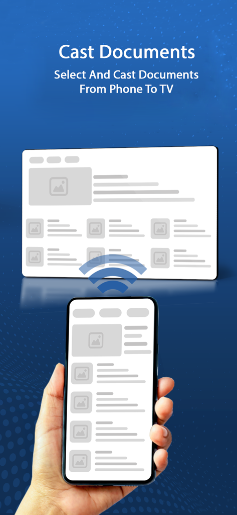 AirScreen Cast - A hand holding a smartphone wirelessly casting a document to a large television screen